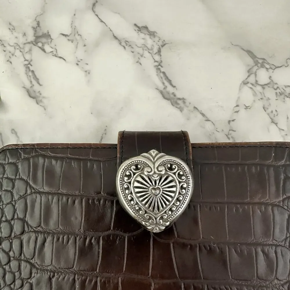 Brighton Vintage y2k Wallet Brown Leather Silver Heart Buckle Croc Texture